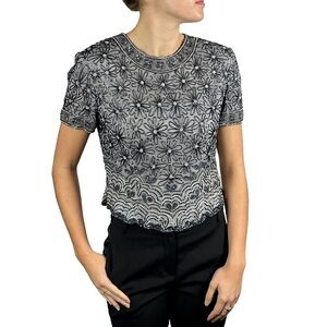 ADRIANNA PAPELL SILK GRAY FLORAL DAISY BEAD EMBELLISHED HOLIDAY EVENING TOP